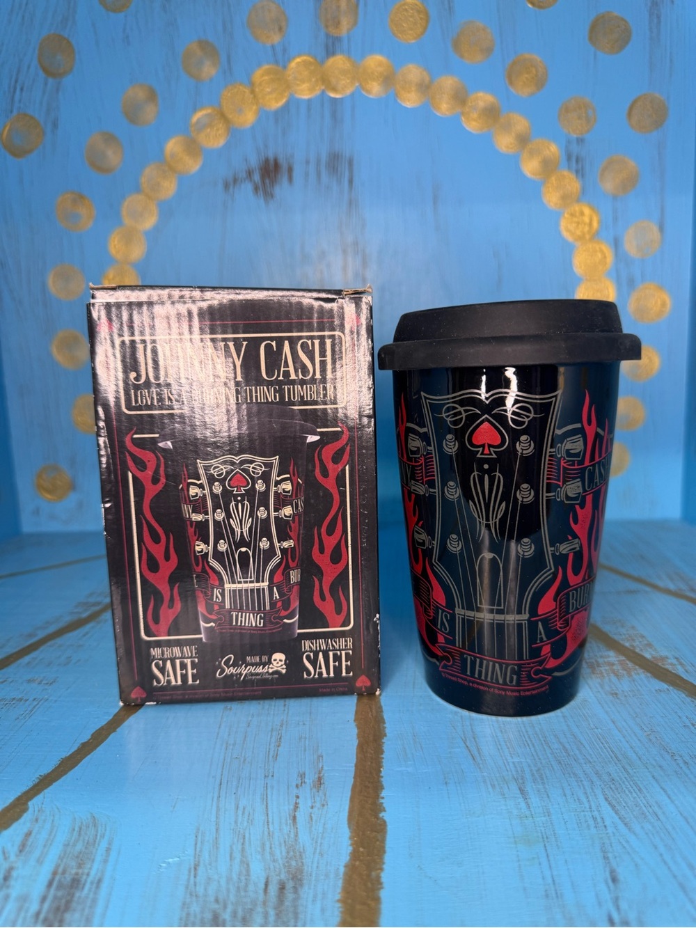 NIB Sourpuss Johnny Cash Black & Red Guitar Travel Tumbler with Silicone lid